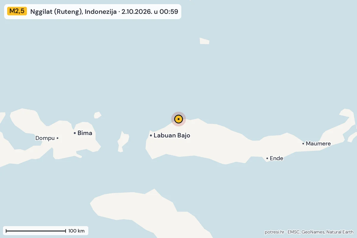 Karta: šire područje, 600 km, potres M2,5, Nggilat (Ruteng), Indonezija, 2.10.2026.