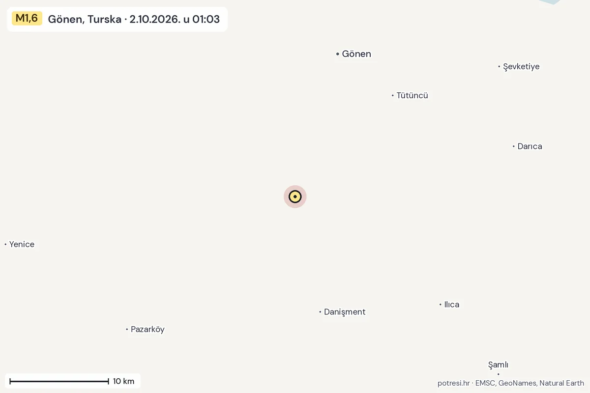Karta: okolica epicentra, 60 km, potres M1,6, Gönen, Turska, 2.10.2026.