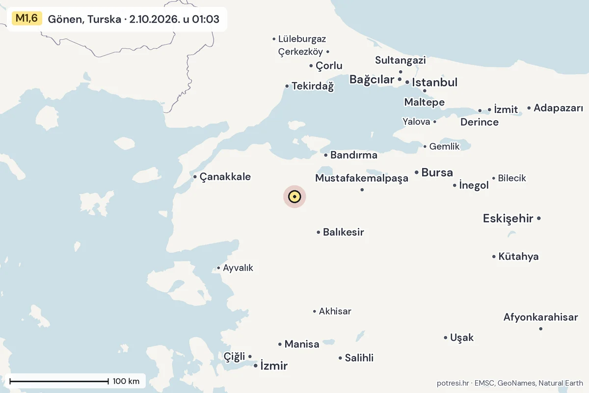 Karta: šire područje, 600 km, potres M1,6, Gönen, Turska, 2.10.2026.