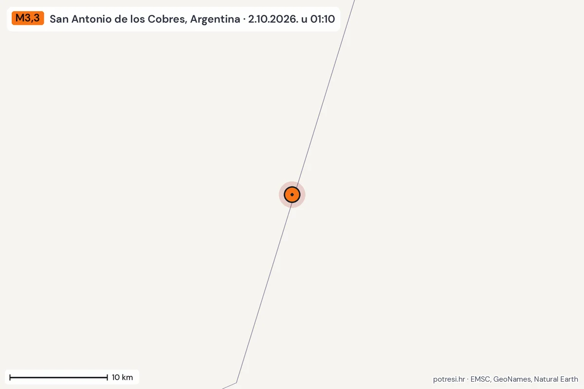 Karta: okolica epicentra, 60 km, potres M3,3, San Antonio de los Cobres, Argentina, 2.10.2026.
