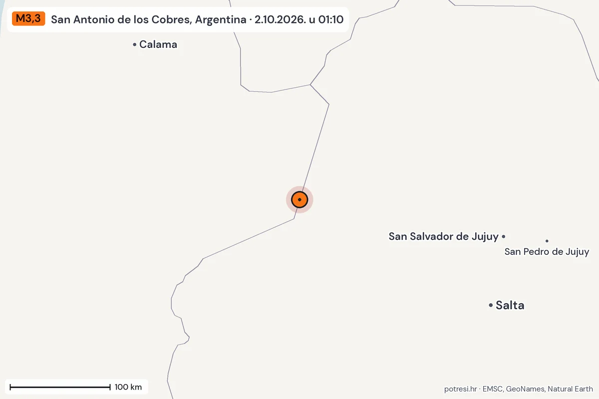 Karta: šire područje, 600 km, potres M3,3, San Antonio de los Cobres, Argentina, 2.10.2026.