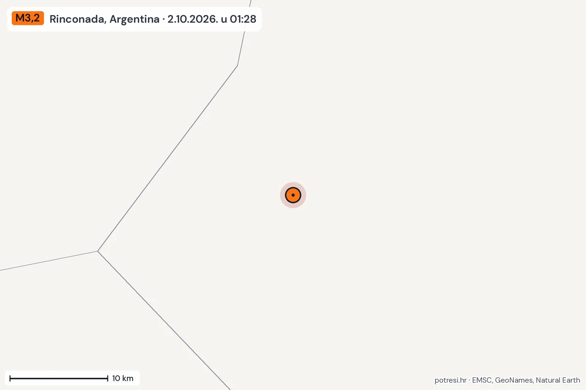 Karta: okolica epicentra, 60 km, potres M3,2, Rinconada, Argentina, 2.10.2026.
