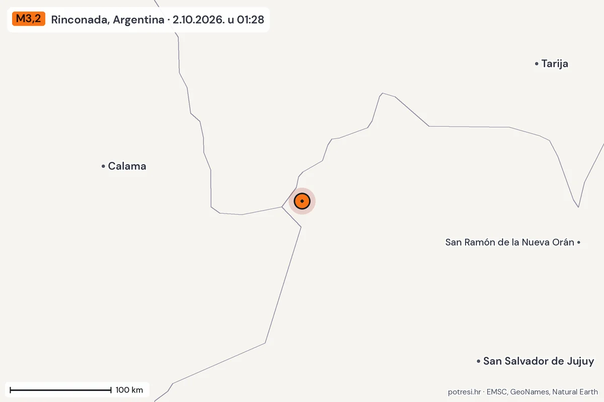 Karta: šire područje, 600 km, potres M3,2, Rinconada, Argentina, 2.10.2026.