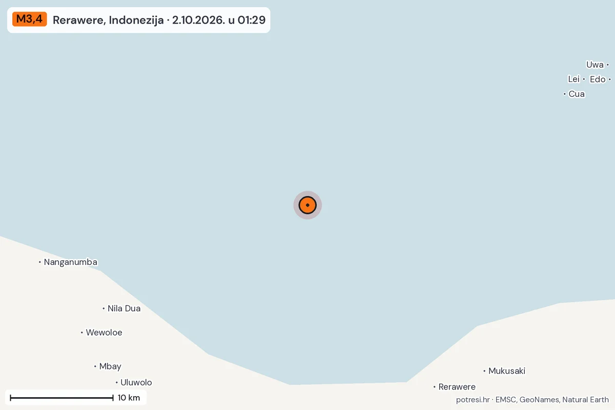 Karta: okolica epicentra, 60 km, potres M3,4, Rerawere, Indonezija, 2.10.2026.