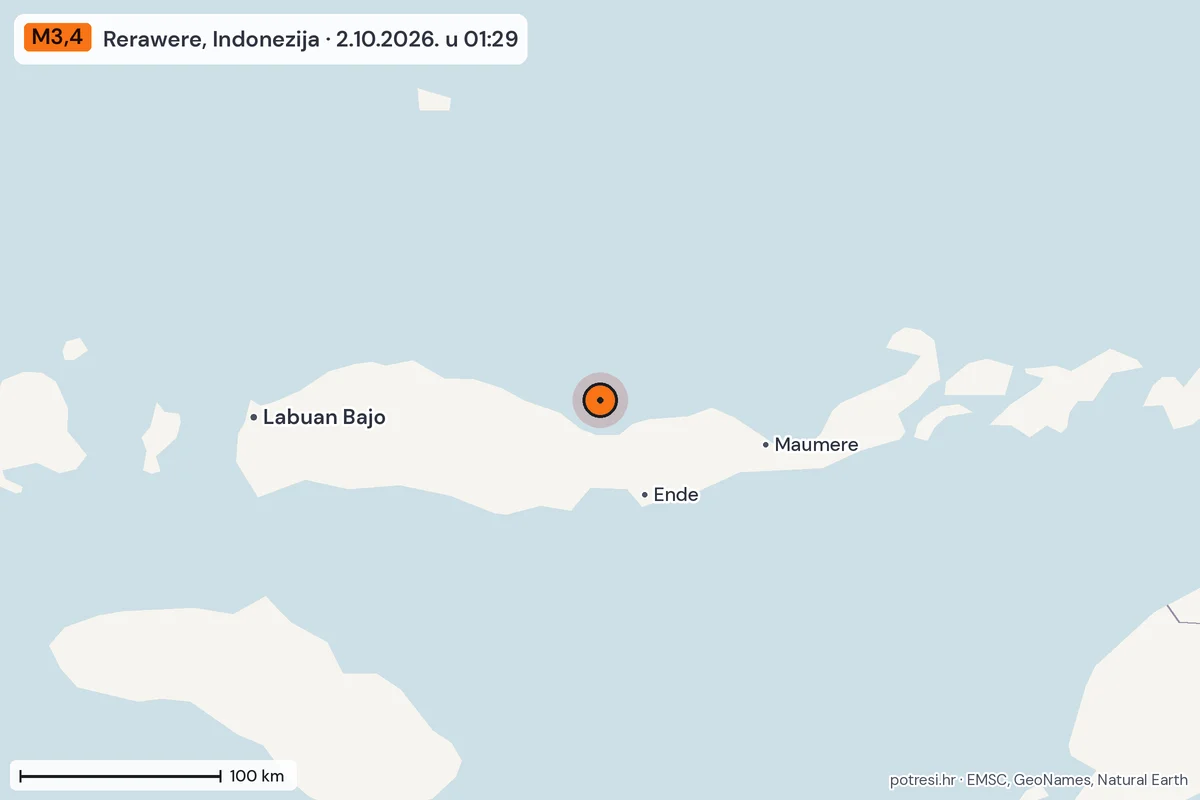 Karta: šire područje, 600 km, potres M3,4, Rerawere, Indonezija, 2.10.2026.