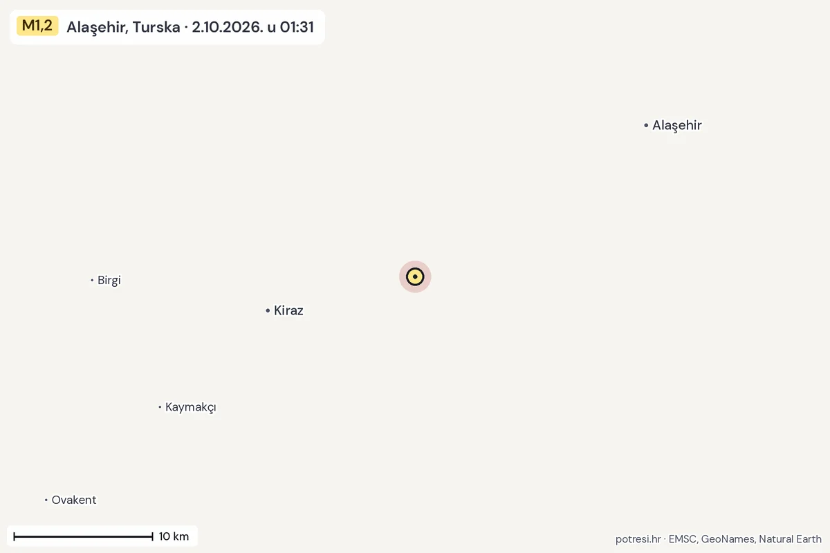 Karta: okolica epicentra, 60 km, potres M1,2, Alaşehir, Turska, 2.10.2026.
