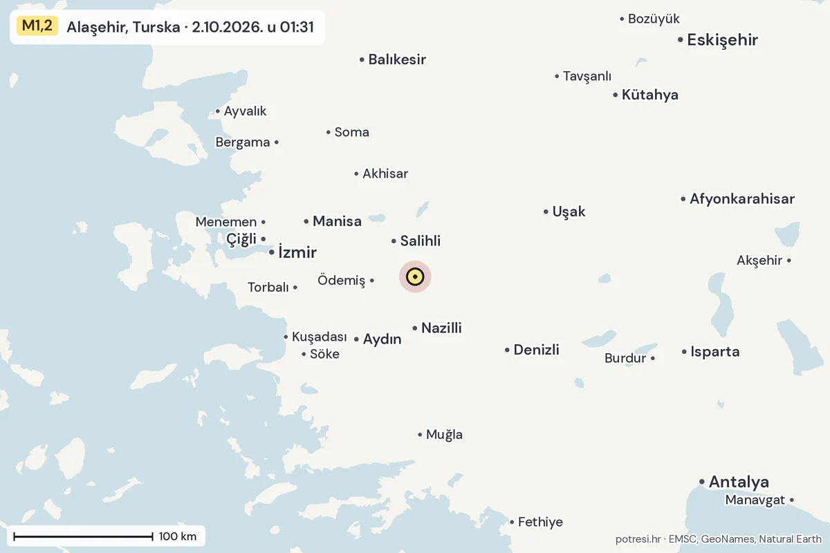 Karta: šire područje, 600 km, potres M1,2, Alaşehir, Turska, 2.10.2026.