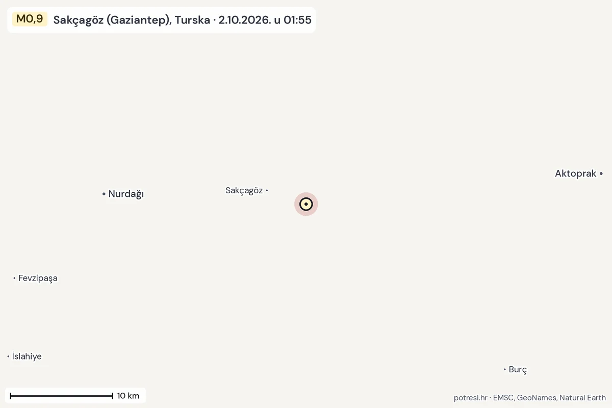 Karta: okolica epicentra, 60 km, potres M0,9, Sakçagöz (Gaziantep), Turska, 2.10.2026.