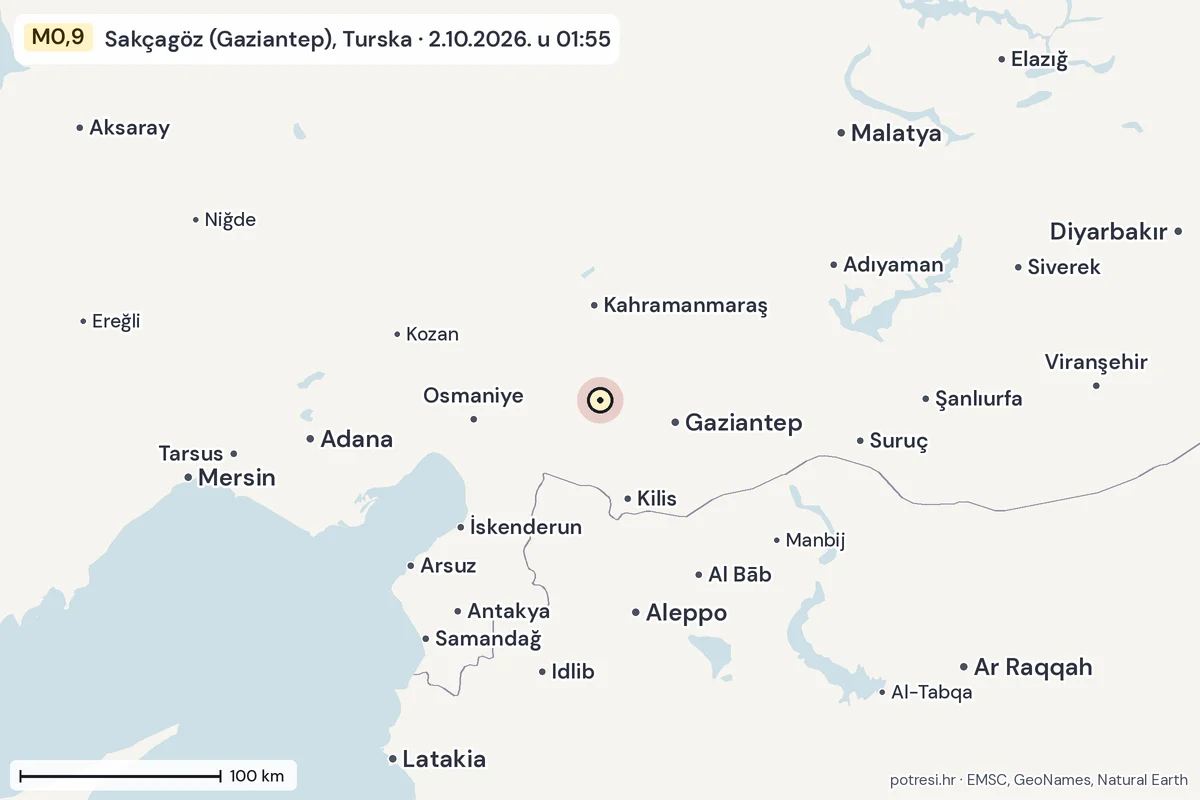 Karta: šire područje, 600 km, potres M0,9, Sakçagöz (Gaziantep), Turska, 2.10.2026.