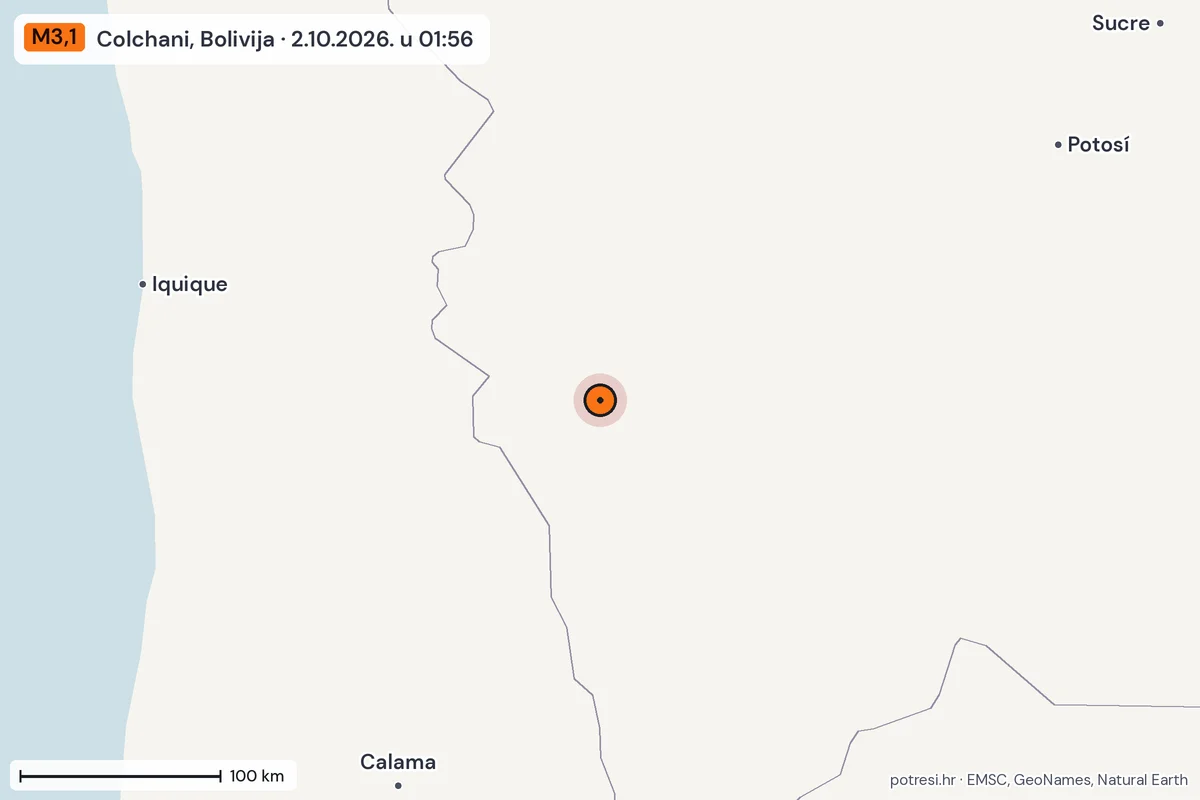 Karta: šire područje, 600 km, potres M3,1, Colchani, Bolivija, 2.10.2026.