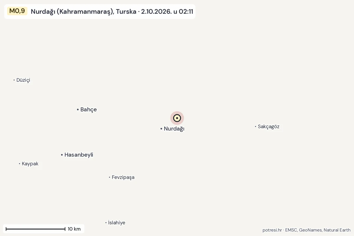 Karta: okolica epicentra, 60 km, potres M0,9, Nurdağı (Kahramanmaraş), Turska, 2.10.2026.