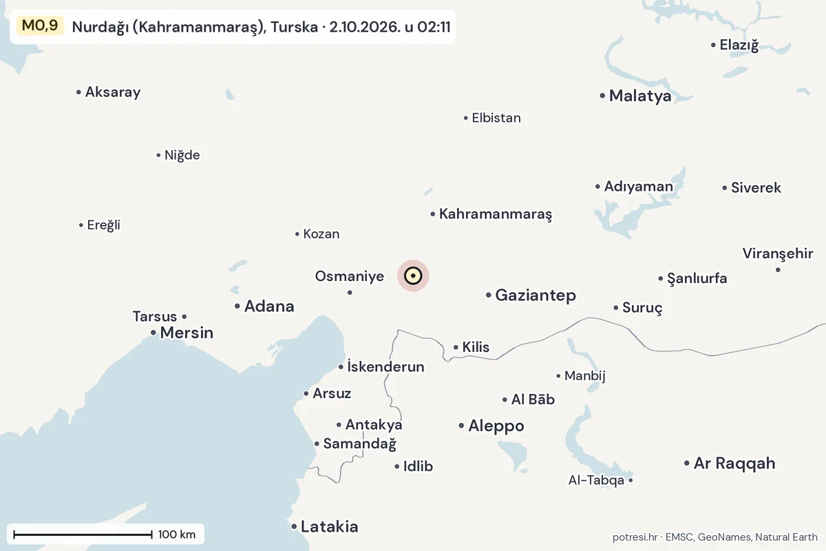 Karta: šire područje, 600 km, potres M0,9, Nurdağı (Kahramanmaraş), Turska, 2.10.2026.