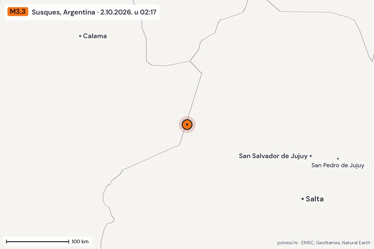Karta: šire područje, 600 km, potres M3,3, Susques, Argentina, 2.10.2026.