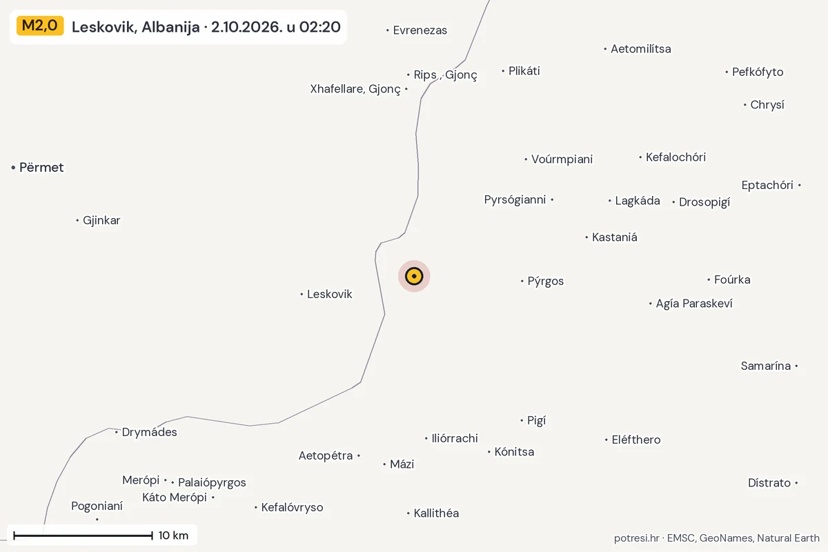 Karta: okolica epicentra, 60 km, potres M2,0, Leskovik, Albanija, 2.10.2026.