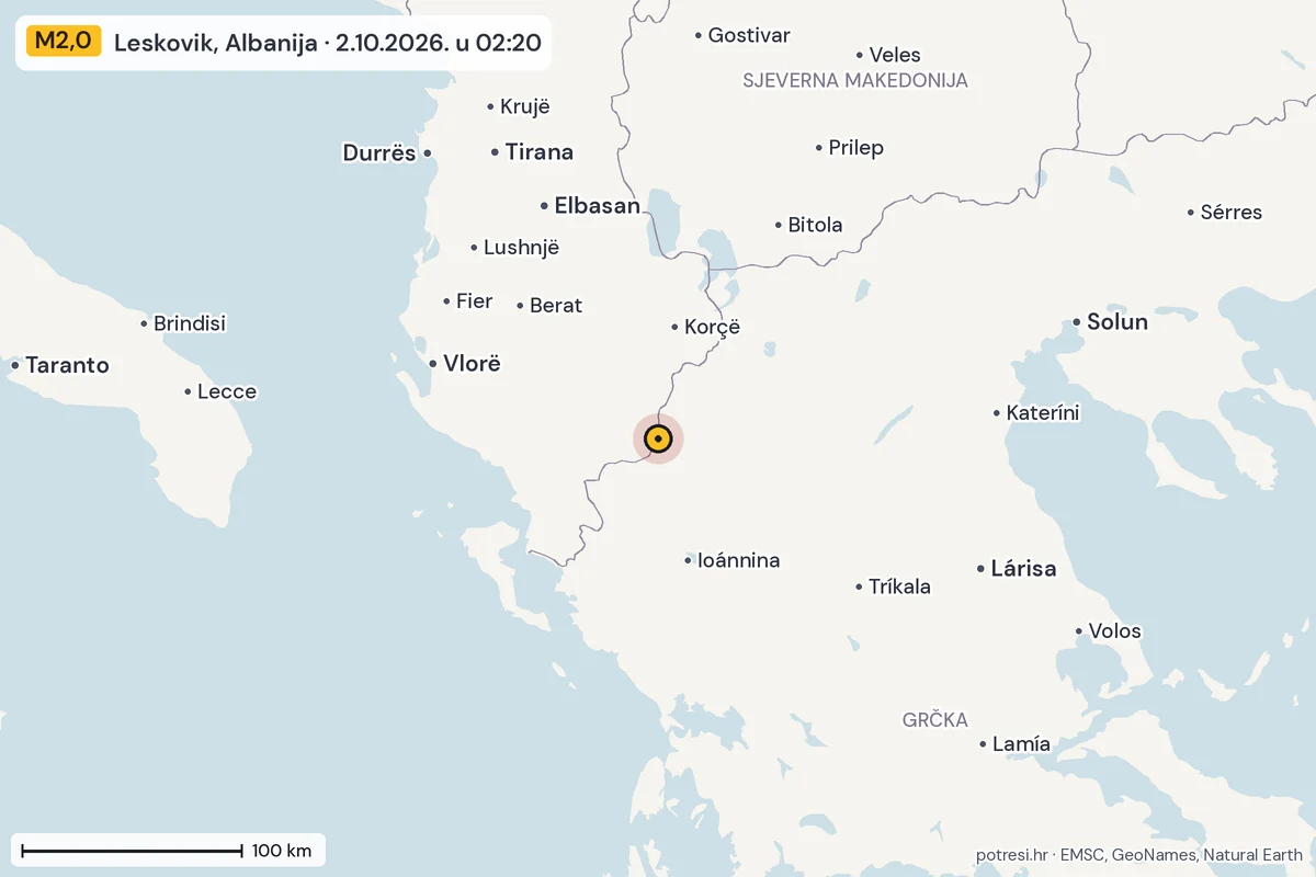 Karta: šire područje, 600 km, potres M2,0, Leskovik, Albanija, 2.10.2026.