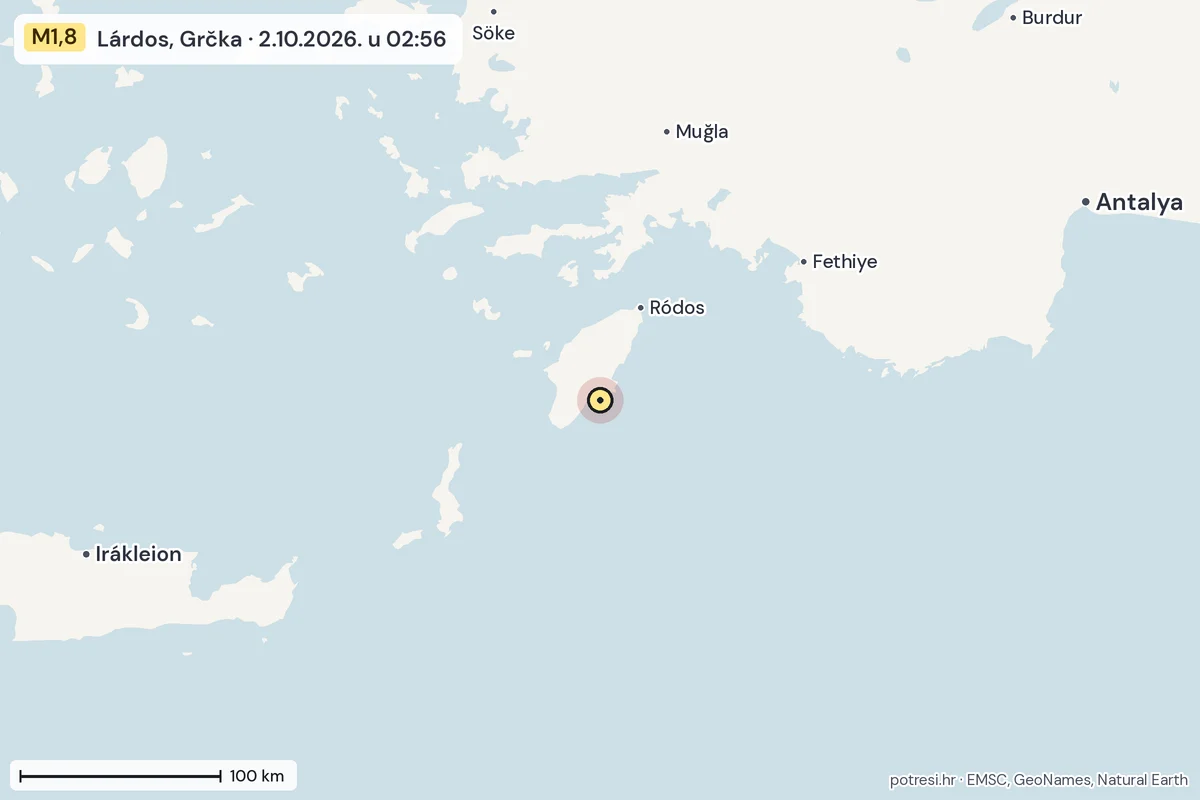 Karta: šire područje, 600 km, potres M1,8, Lárdos, Grčka, 2.10.2026.
