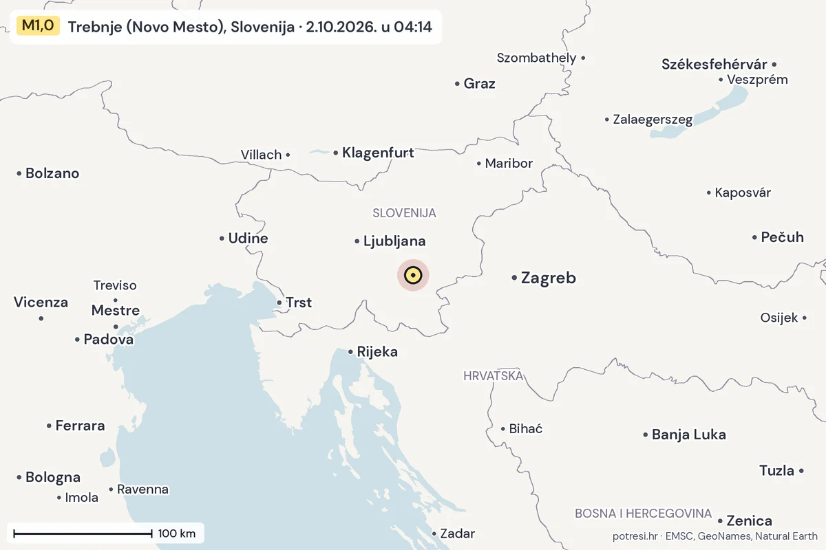 Karta: šire područje, 600 km, potres M1,0, Trebnje (Novo Mesto), Slovenija, 2.10.2026.