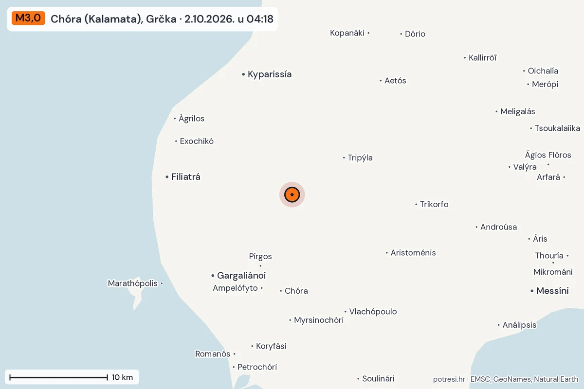 Karta: okolica epicentra, 60 km, potres M3,0, Chóra (Kalamata), Grčka, 2.10.2026.