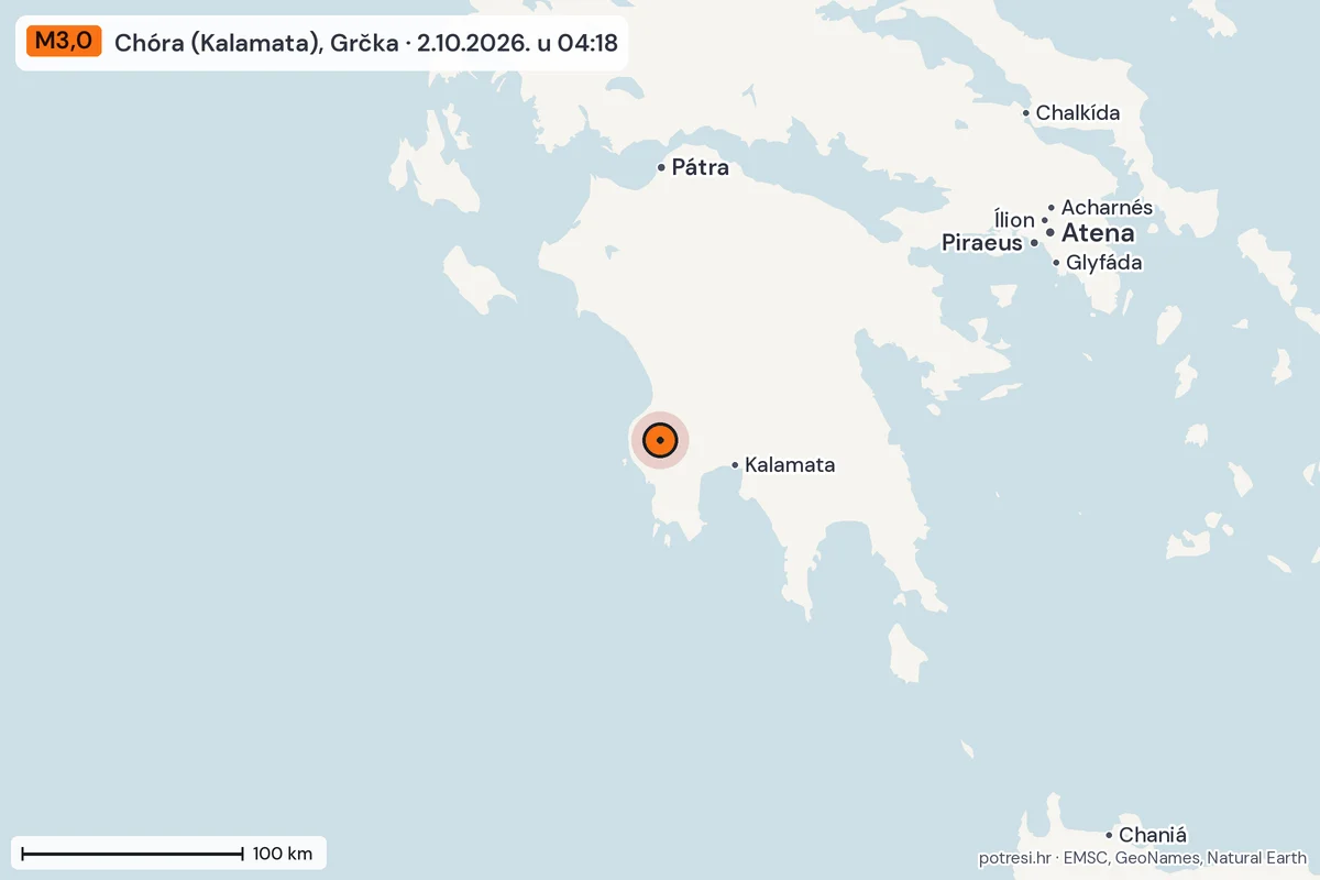 Karta: šire područje, 600 km, potres M3,0, Chóra (Kalamata), Grčka, 2.10.2026.