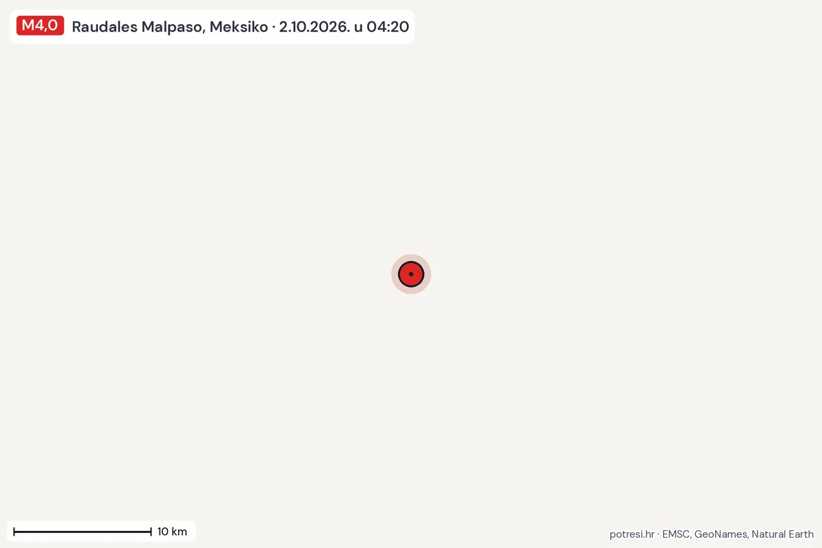 Karta: okolica epicentra, 60 km, potres M4,0, Raudales Malpaso, Meksiko, 2.10.2026.