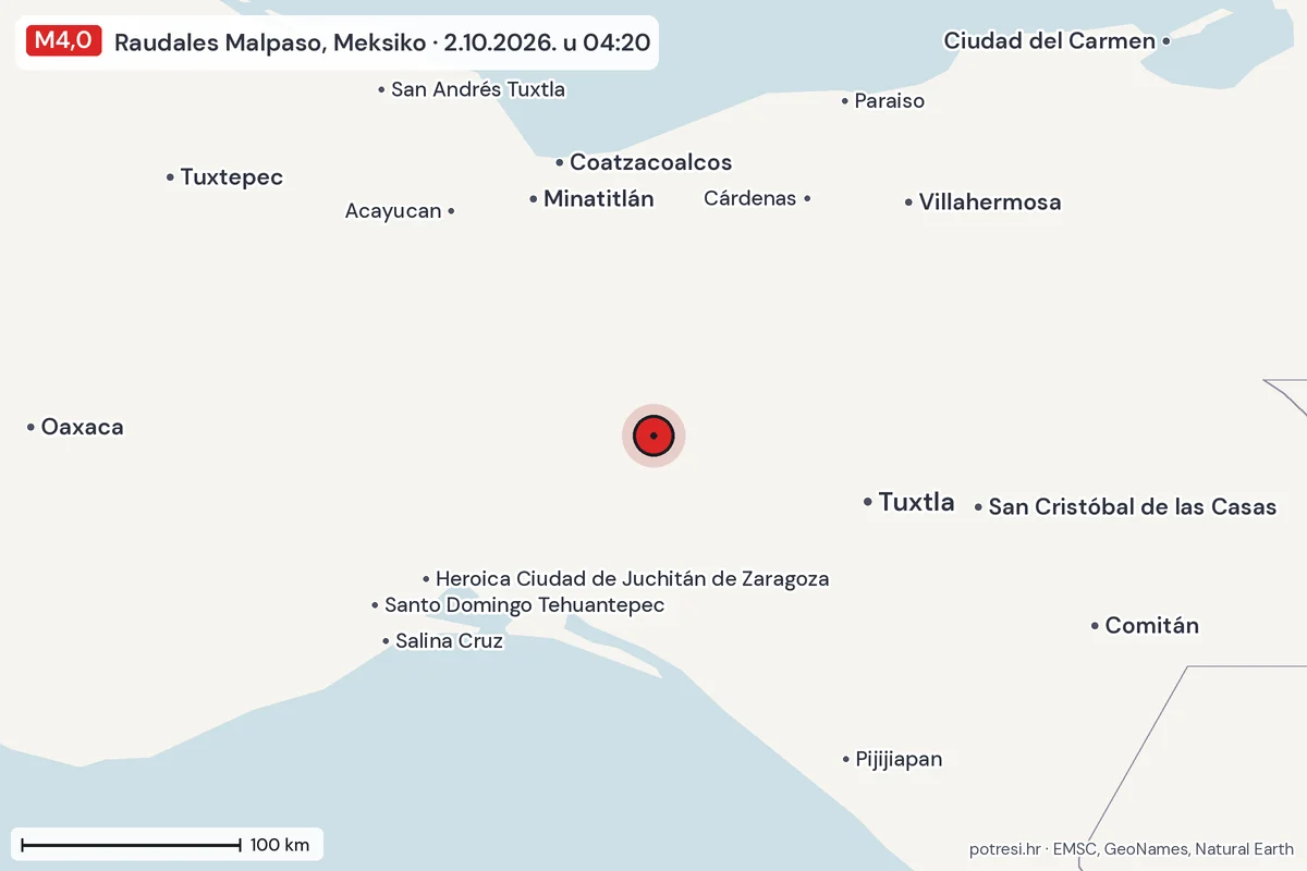 Karta: šire područje, 600 km, potres M4,0, Raudales Malpaso, Meksiko, 2.10.2026.