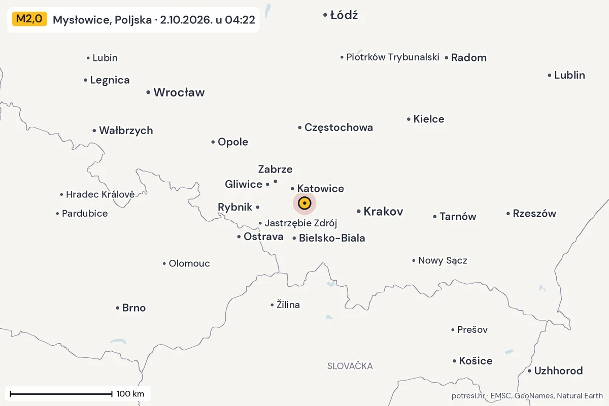 Karta: šire područje, 600 km, potres M2,0, Mysłowice, Poljska, 2.10.2026.