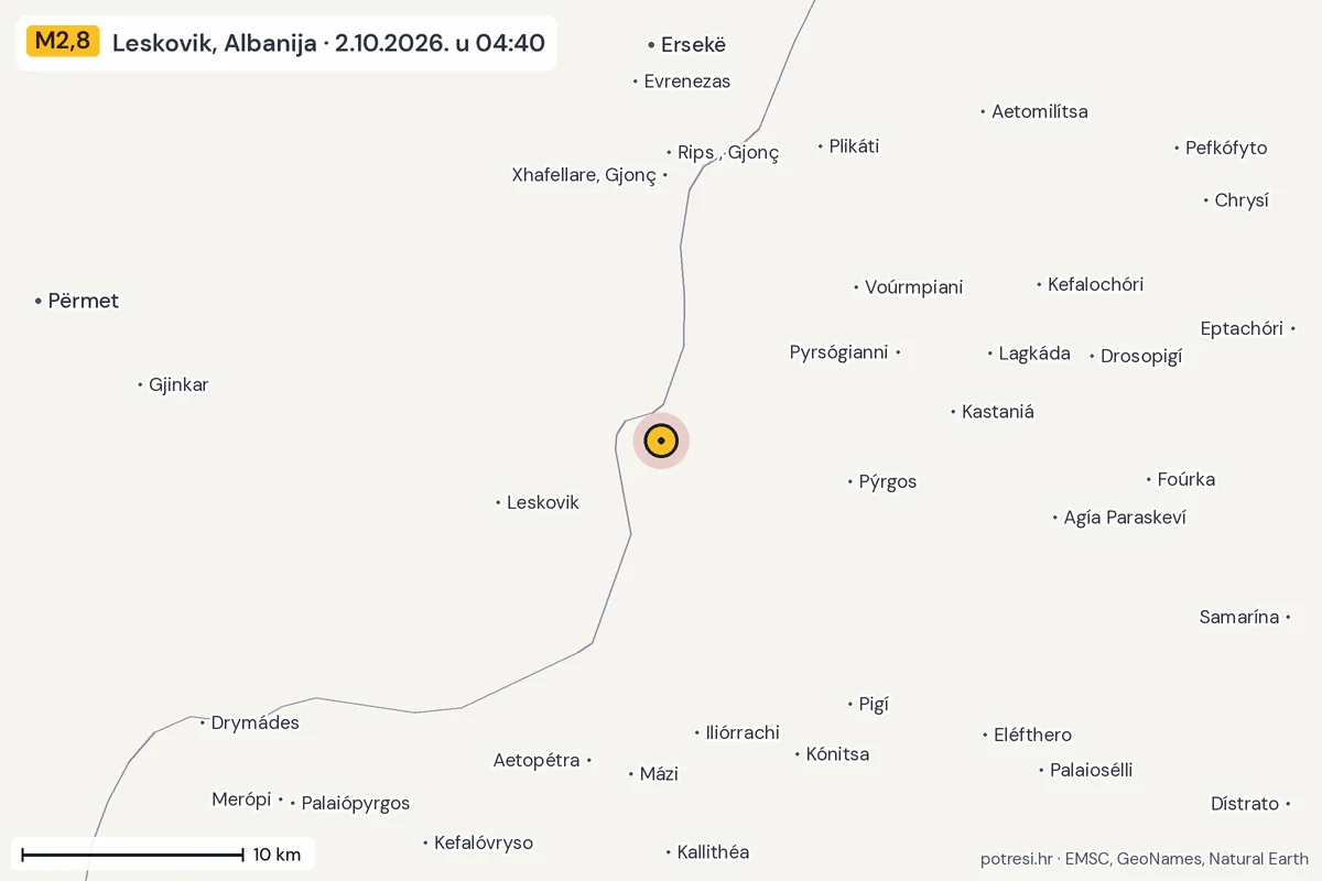 Karta: okolica epicentra, 60 km, potres M2,8, Leskovik, Albanija, 2.10.2026.