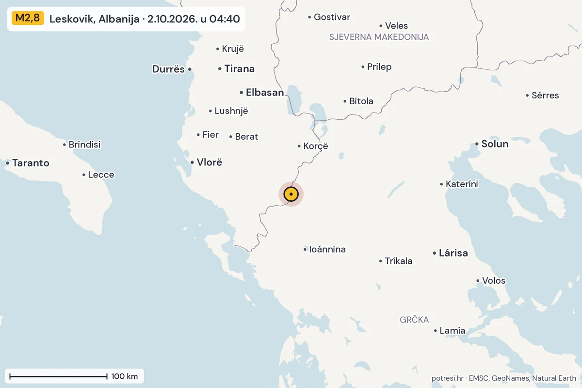 Karta: šire područje, 600 km, potres M2,8, Leskovik, Albanija, 2.10.2026.