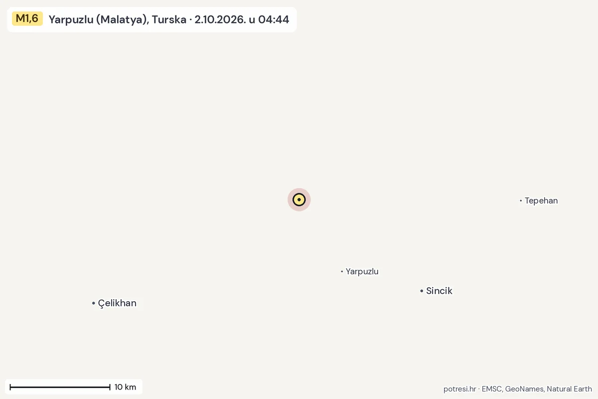 Karta: okolica epicentra, 60 km, potres M1,6, Yarpuzlu (Malatya), Turska, 2.10.2026.