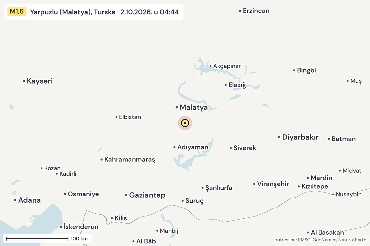 Karta: šire područje, 600 km, potres M1,6, Yarpuzlu (Malatya), Turska, 2.10.2026.