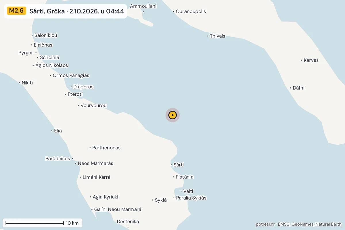 Karta: okolica epicentra, 60 km, potres M2,6, Sárti, Grčka, 2.10.2026.