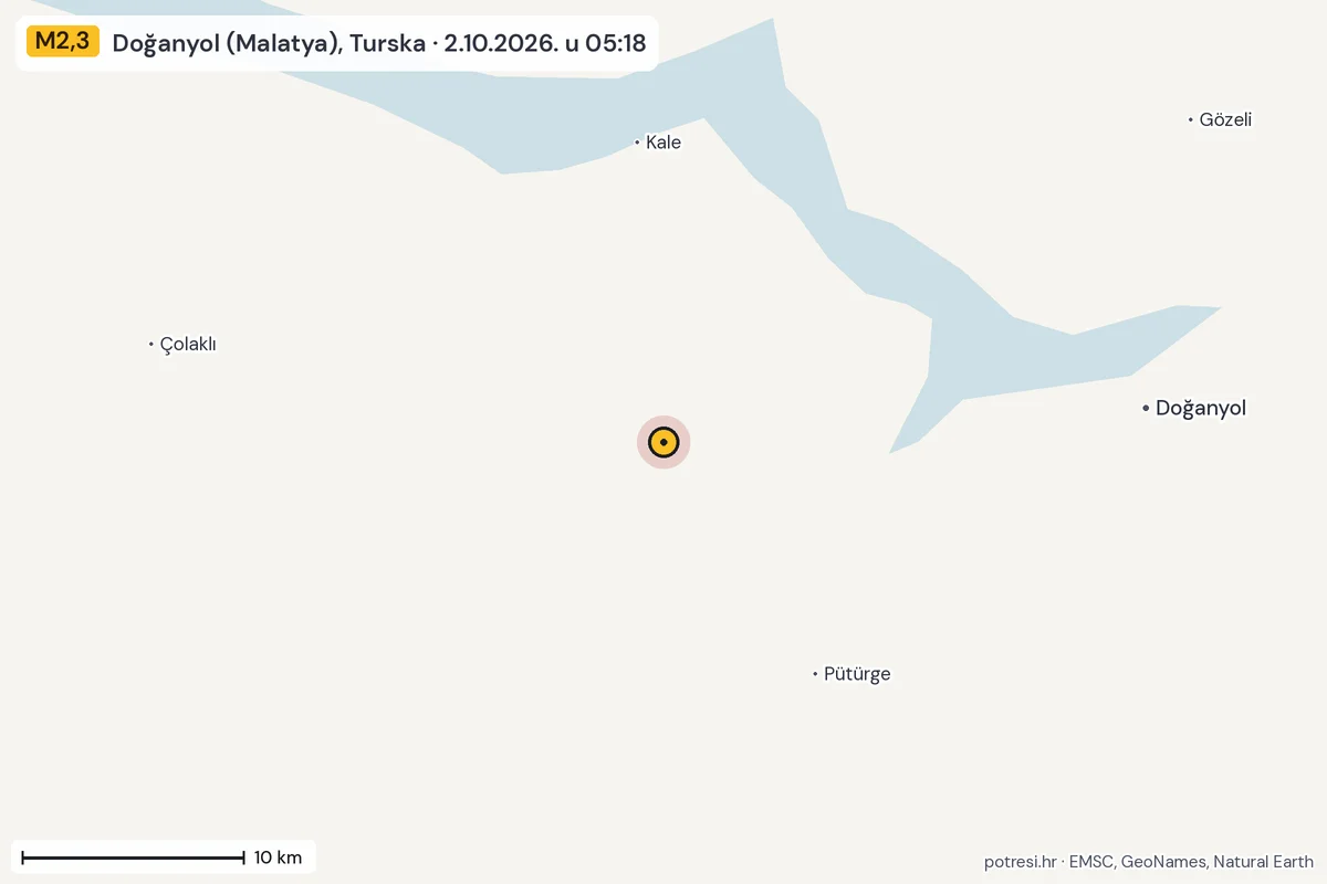 Karta: okolica epicentra, 60 km, potres M2,3, Doğanyol (Malatya), Turska, 2.10.2026.