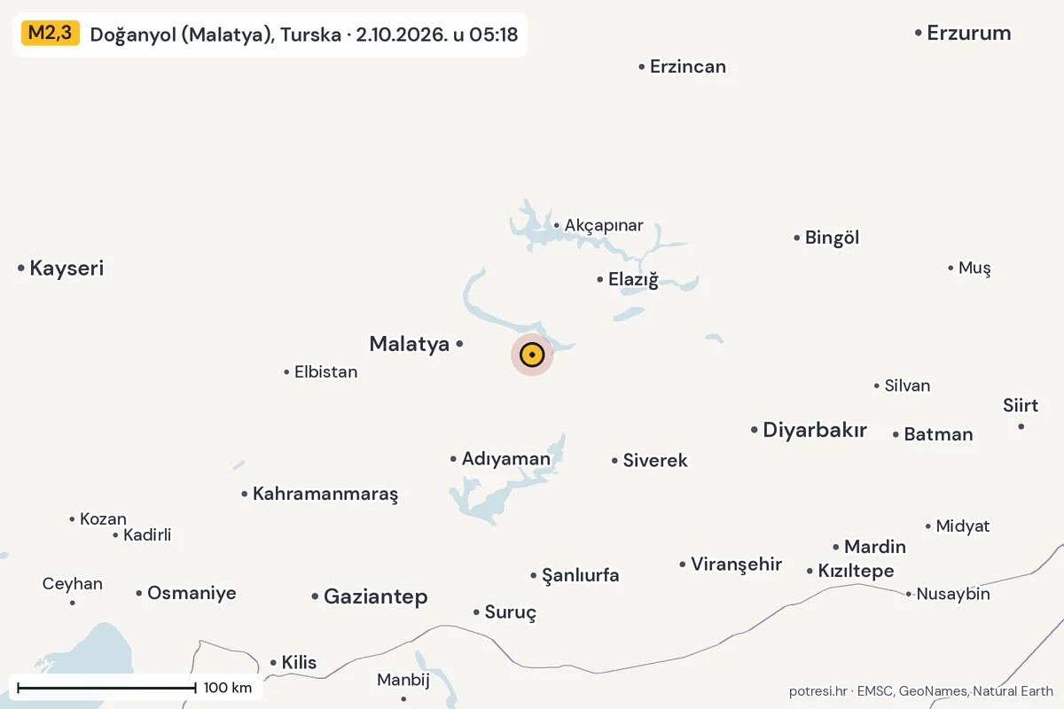 Karta: šire područje, 600 km, potres M2,3, Doğanyol (Malatya), Turska, 2.10.2026.