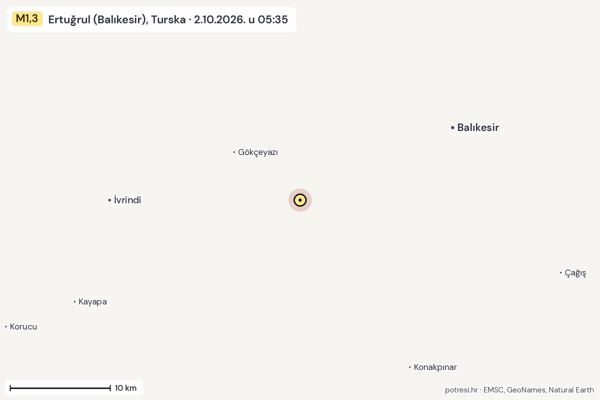 Karta: okolica epicentra, 60 km, potres M1,3, Ertuğrul (Balıkesir), Turska, 2.10.2026.