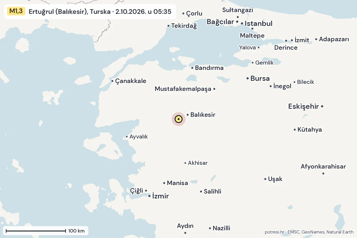 Karta: šire područje, 600 km, potres M1,3, Ertuğrul (Balıkesir), Turska, 2.10.2026.