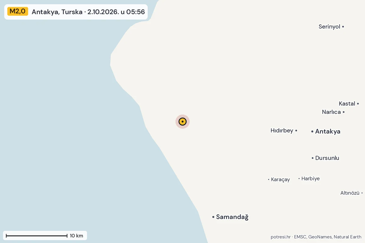 Karta: okolica epicentra, 60 km, potres M2,0, Antakya, Turska, 2.10.2026.