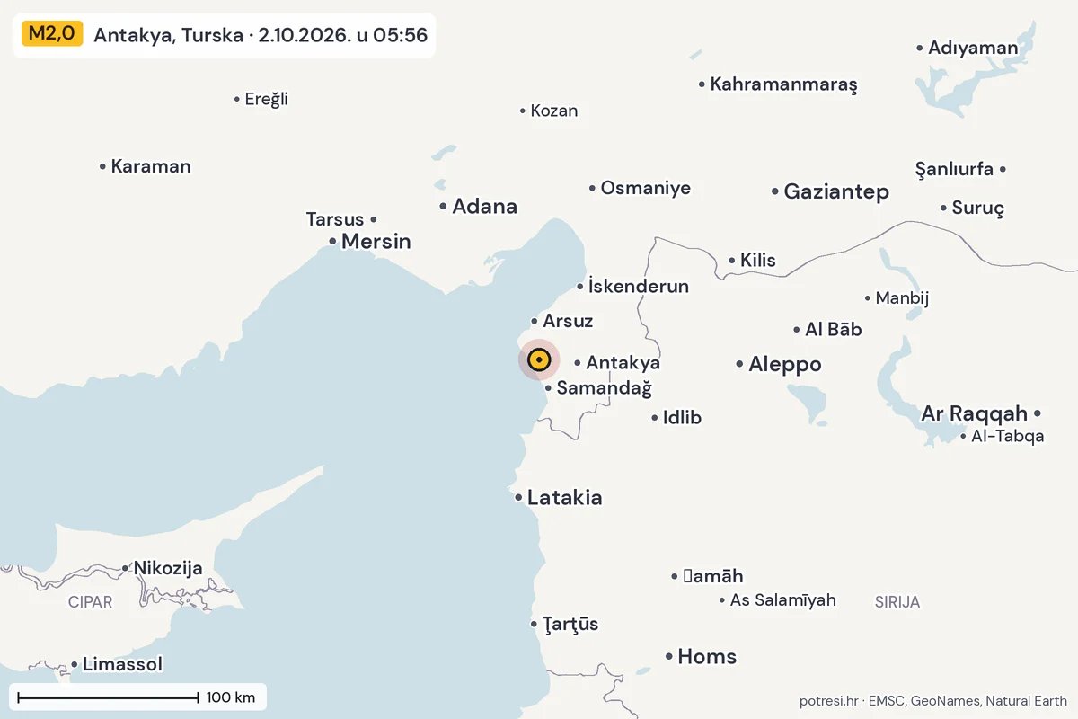 Karta: šire područje, 600 km, potres M2,0, Antakya, Turska, 2.10.2026.
