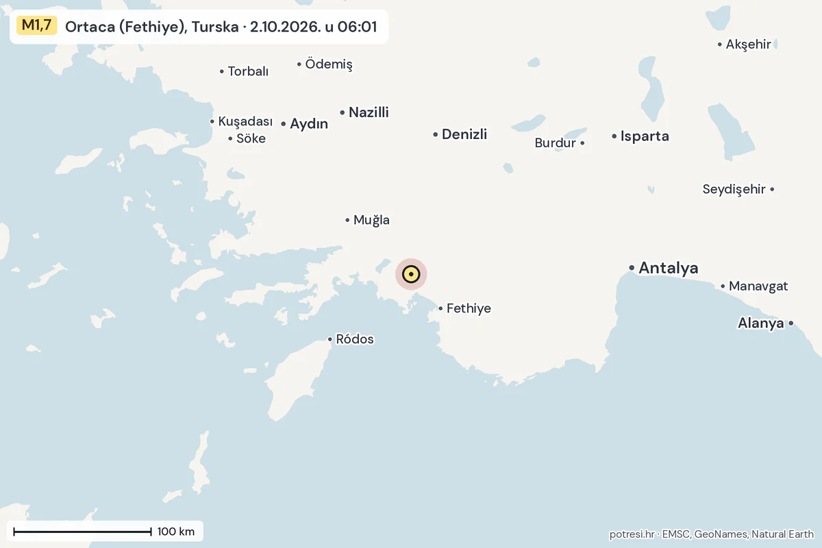 Karta: šire područje, 600 km, potres M1,7, Ortaca (Fethiye), Turska, 2.10.2026.