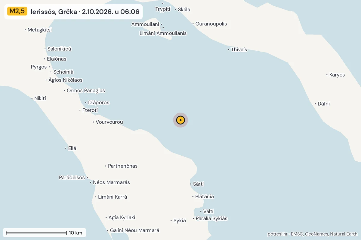 Karta: okolica epicentra, 60 km, potres M2,5, Ierissós, Grčka, 2.10.2026.