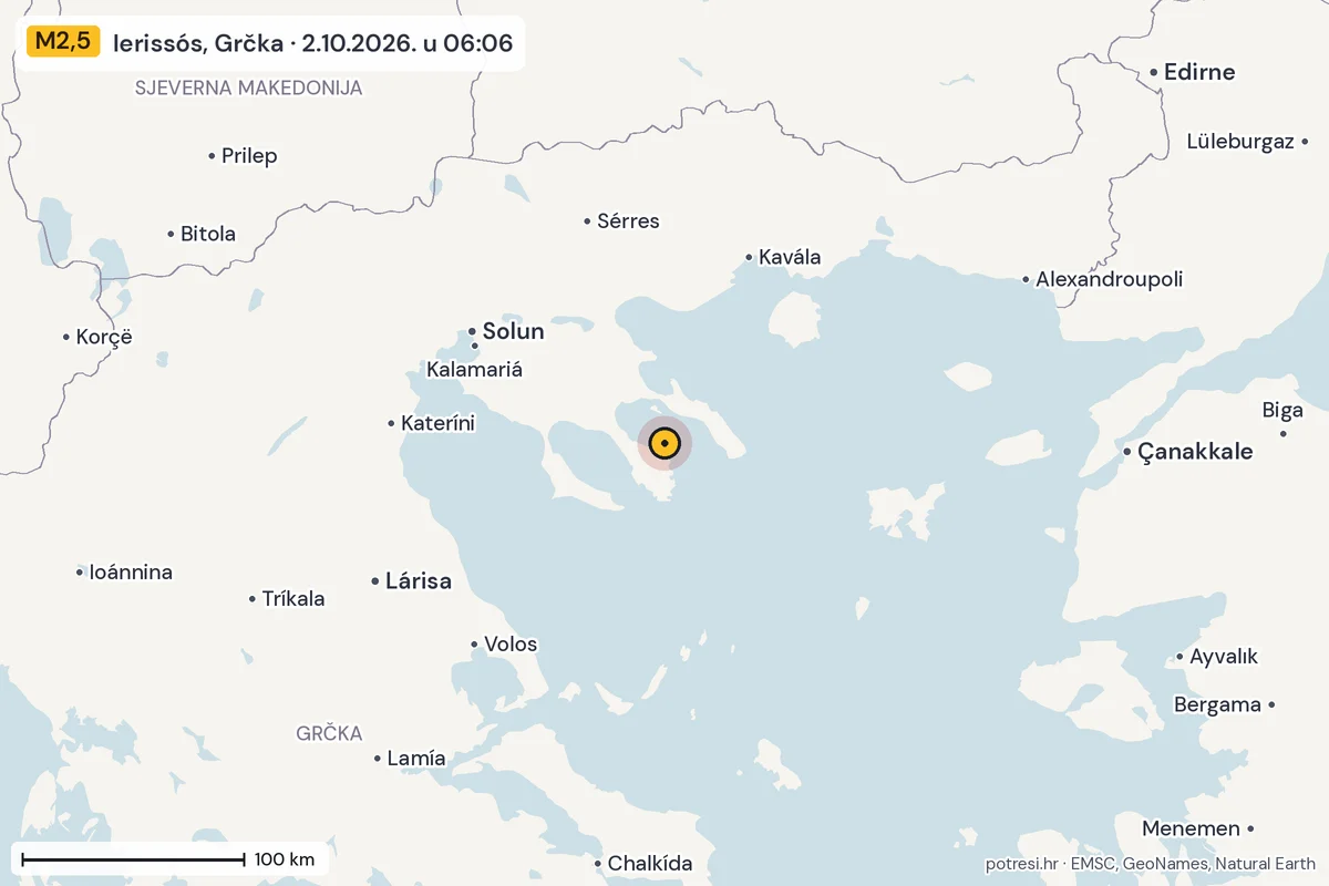 Karta: šire područje, 600 km, potres M2,5, Ierissós, Grčka, 2.10.2026.