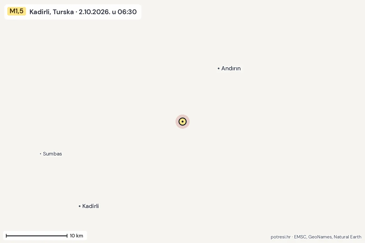 Karta: okolica epicentra, 60 km, potres M1,5, Kadirli, Turska, 2.10.2026.