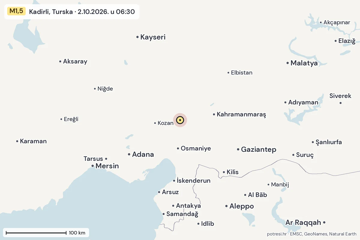 Karta: šire područje, 600 km, potres M1,5, Kadirli, Turska, 2.10.2026.
