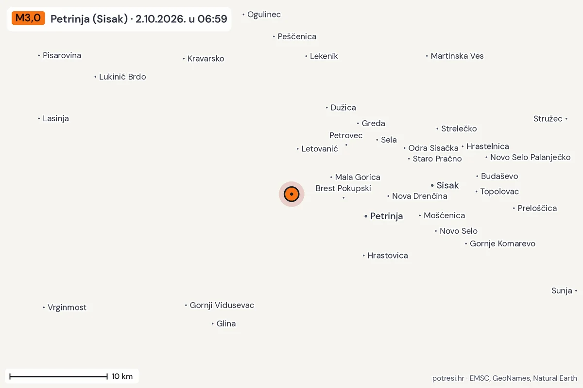 Karta: okolica epicentra, 60 km, potres M3,0, Petrinja (Sisak), 2.10.2026.