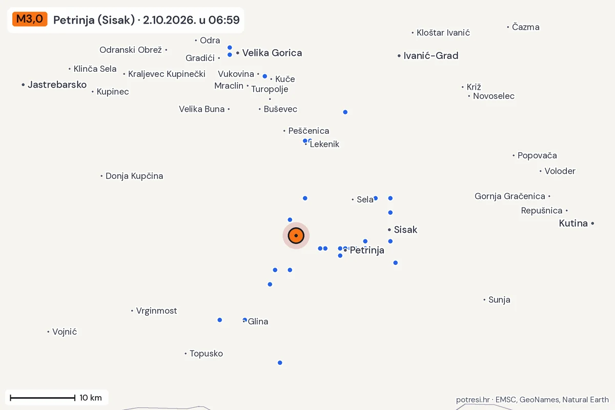 Karta: izvješća građana, potres M3,0, Petrinja (Sisak), 2.10.2026.