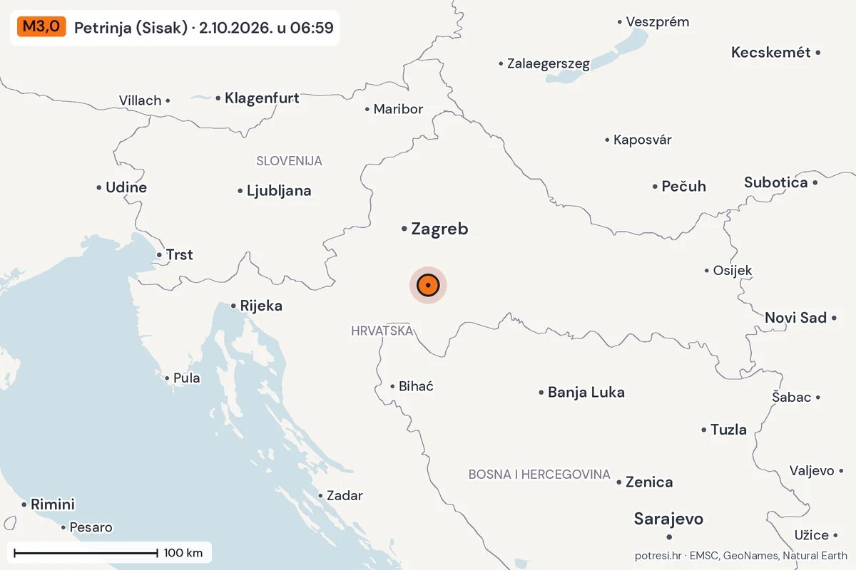Karta: šire područje, 600 km, potres M3,0, Petrinja (Sisak), 2.10.2026.
