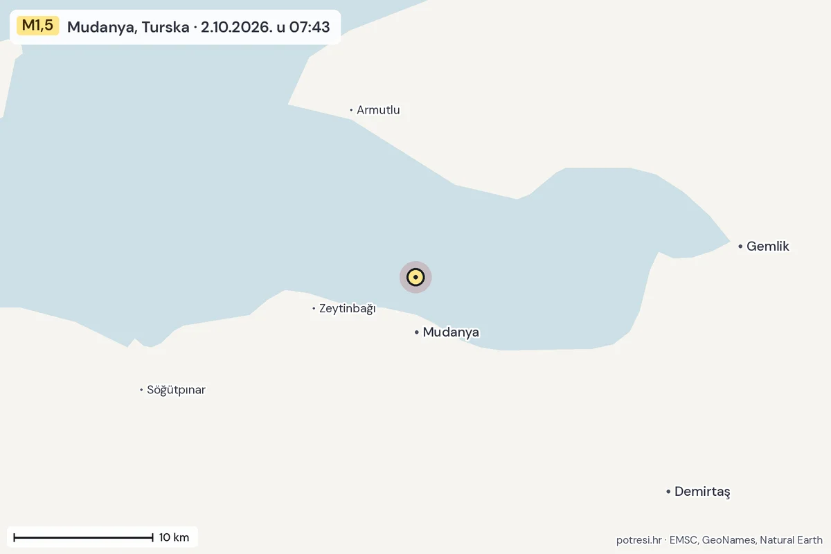 Karta: okolica epicentra, 60 km, potres M1,5, Mudanya, Turska, 2.10.2026.