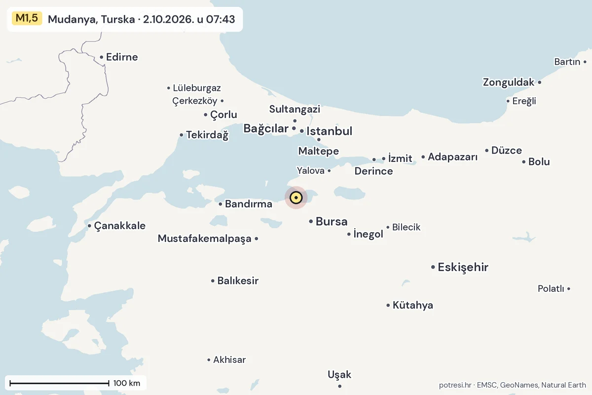 Karta: šire područje, 600 km, potres M1,5, Mudanya, Turska, 2.10.2026.
