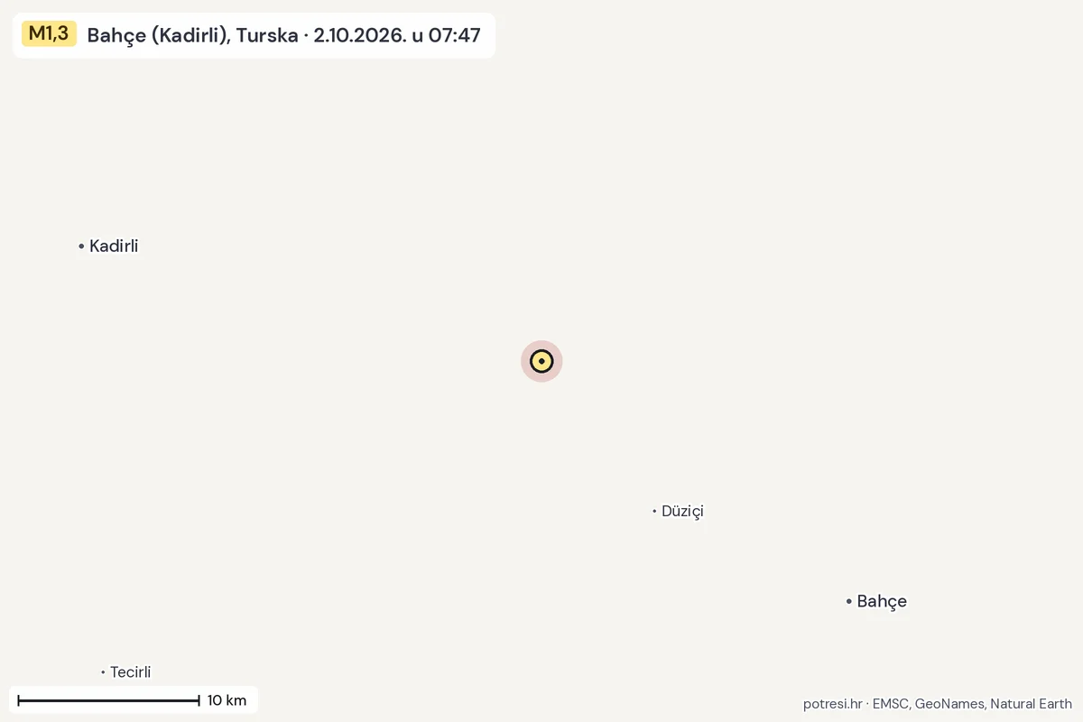 Karta: okolica epicentra, 60 km, potres M1,3, Bahçe (Kadirli), Turska, 2.10.2026.