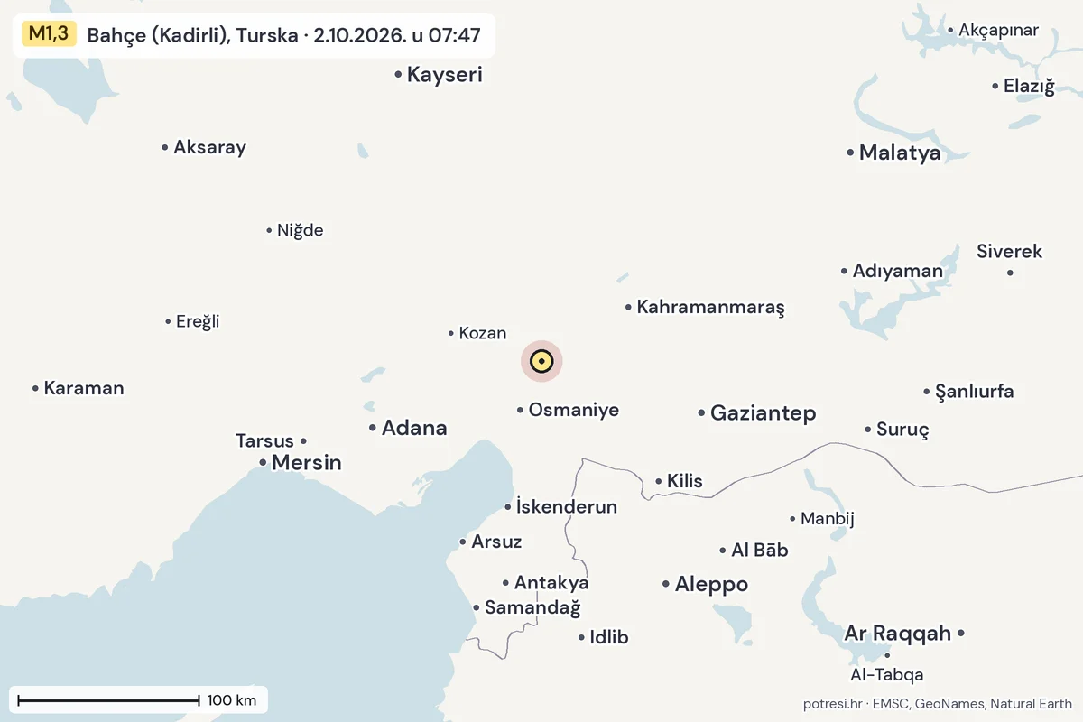 Karta: šire područje, 600 km, potres M1,3, Bahçe (Kadirli), Turska, 2.10.2026.