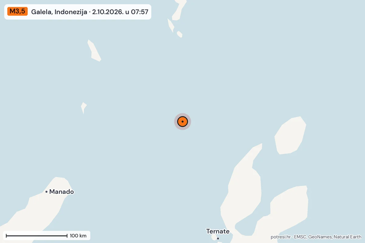 Karta: šire područje, 600 km, potres M3,5, Galela, Indonezija, 2.10.2026.